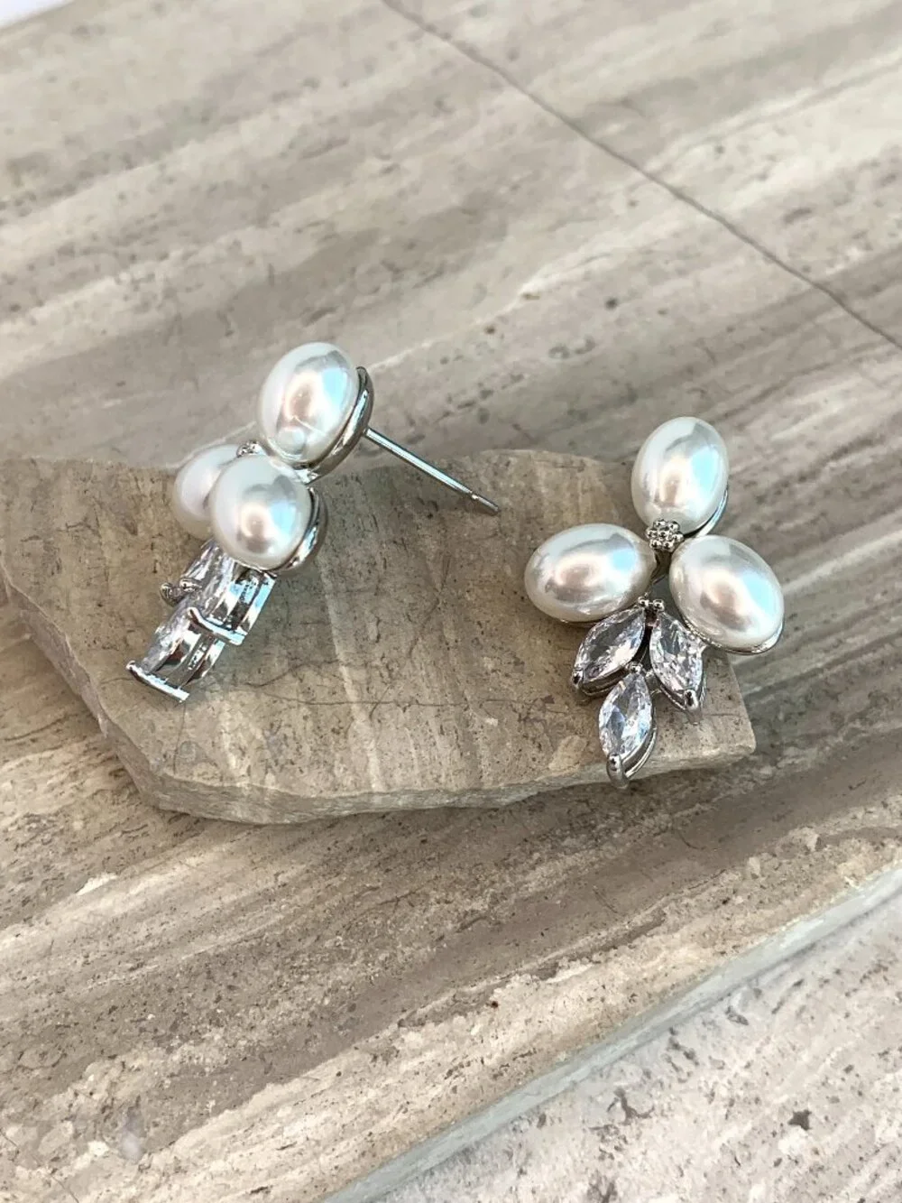 NEW~ Anthropologie, BHLDN, Triple Pearl & Marquise Crystal Cluster Stud Earrings